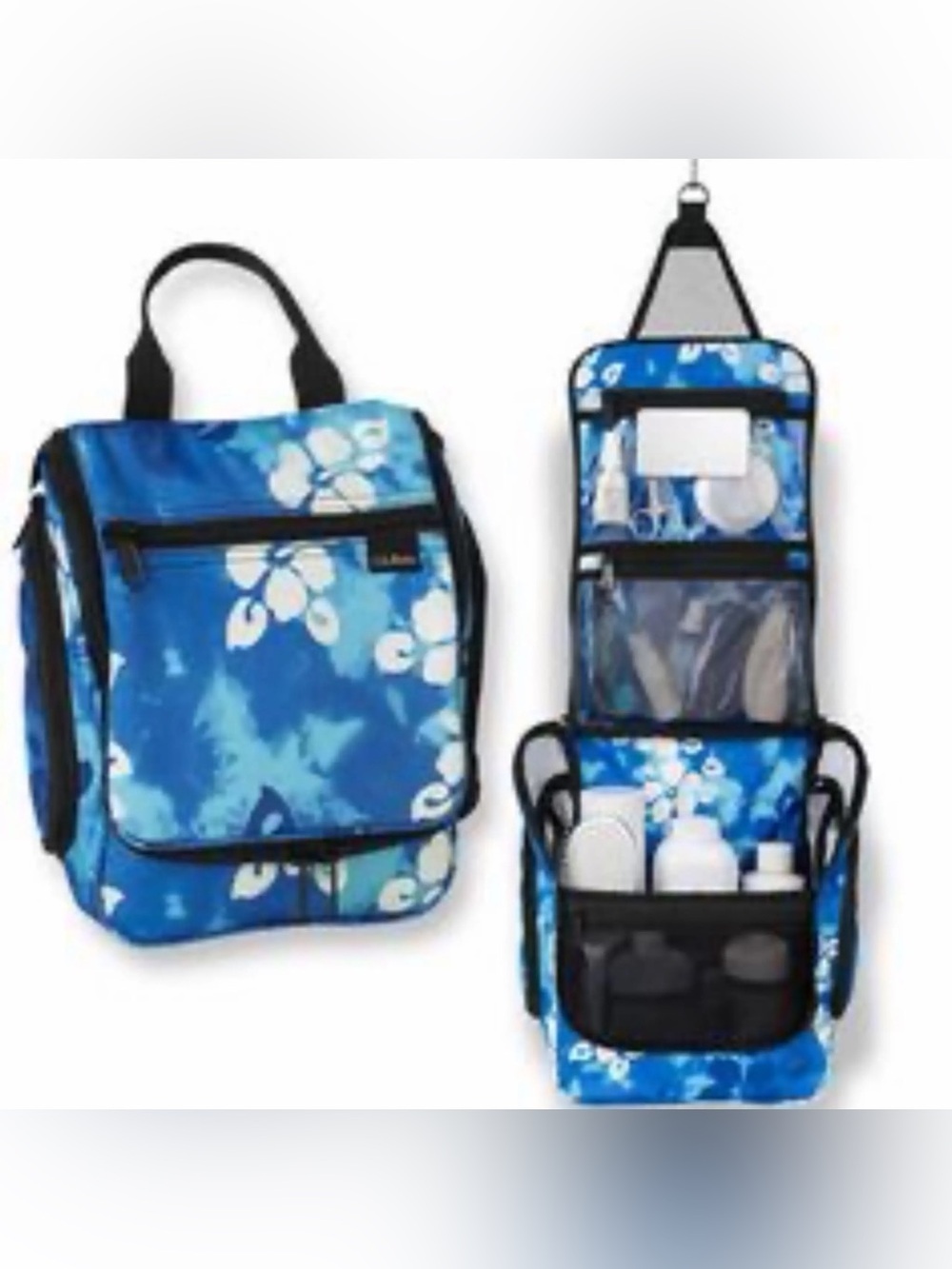 LL Bean Hanging Toiletry Travel Bag Blue Hawaiian Floral Organizer